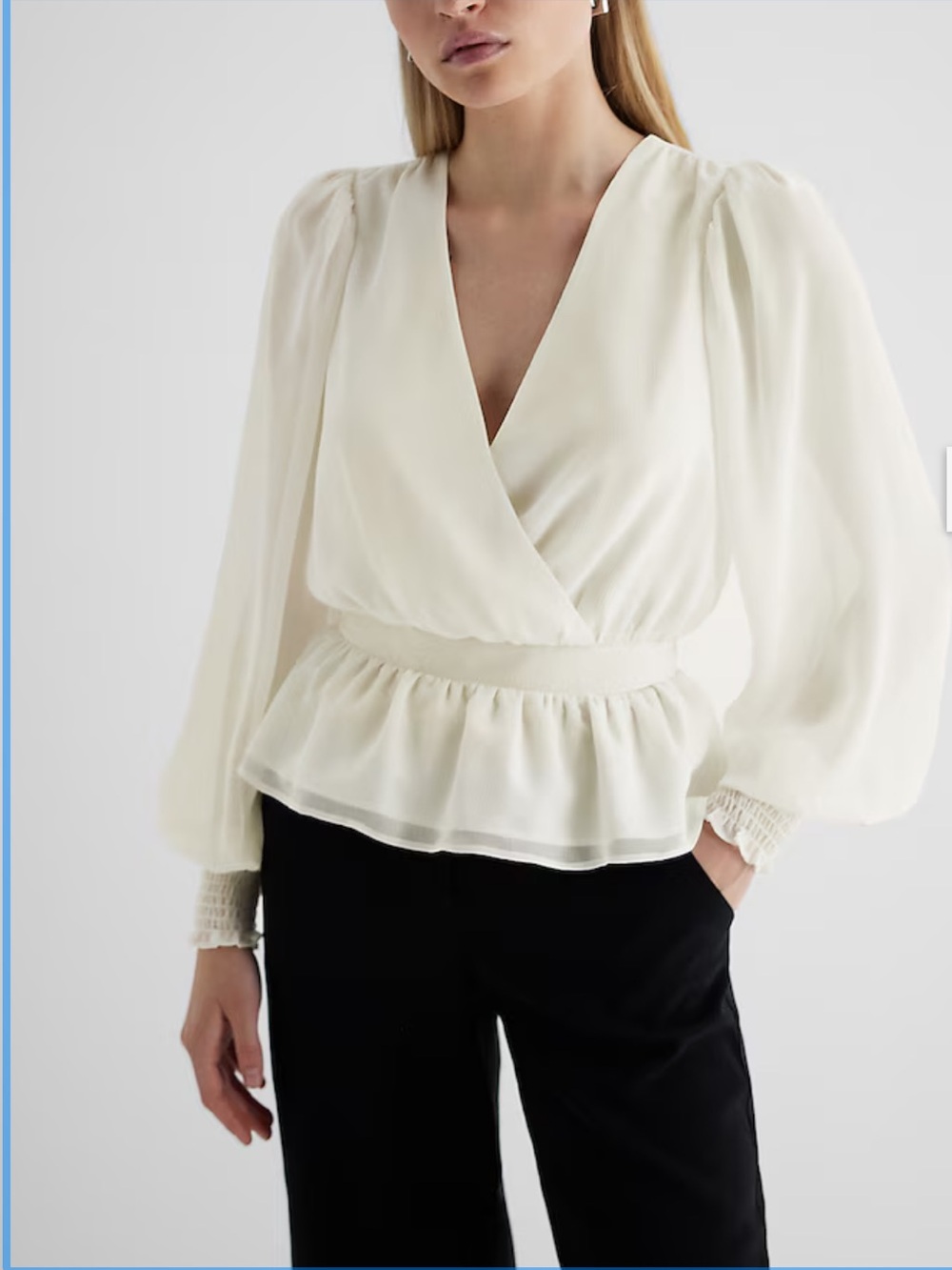 Express V-Neck Smocked Cuff Peplum Top